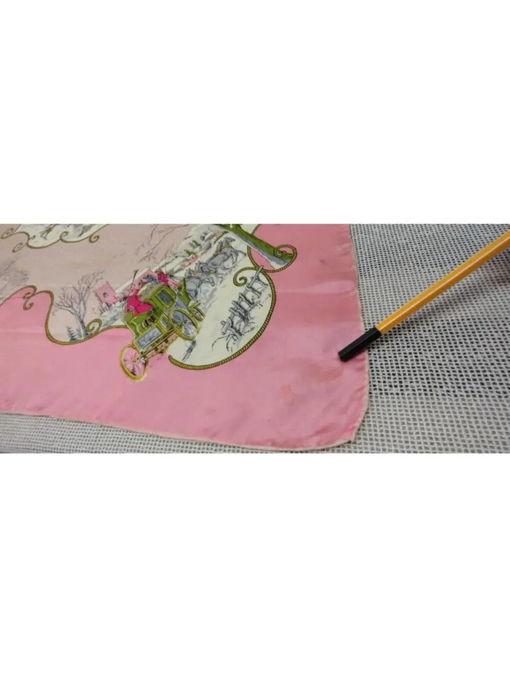40s 50s Silk Pink Scarf CHRISTMAS WINTER SCENES Victorian Carriage Chartreuse
